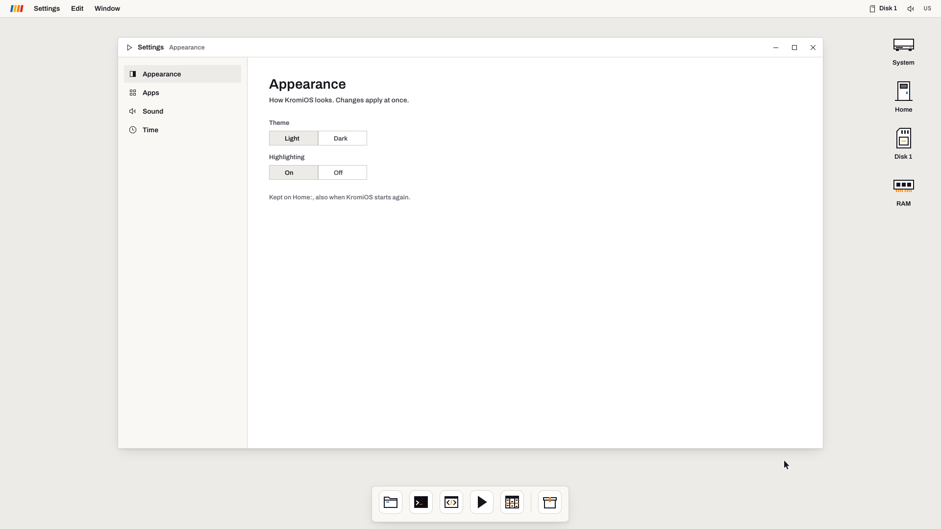 KromiOS Settings on the Appearance page, with the new icons on the desktop and in the dock